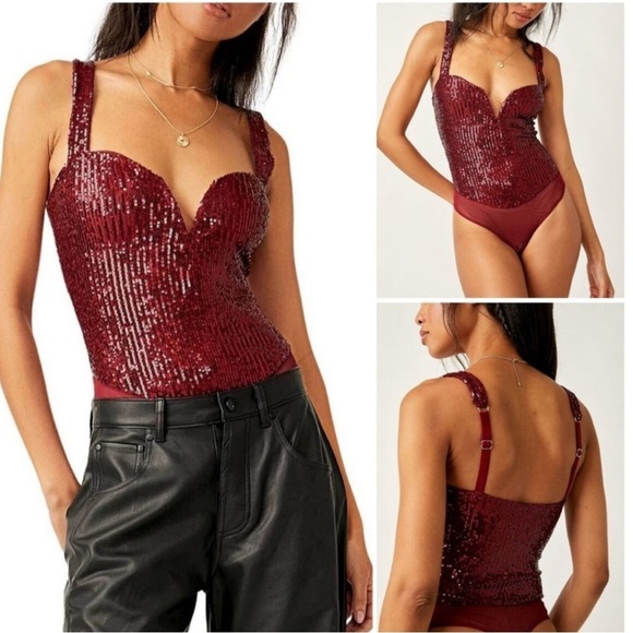 Intimately FREE PEOPLE Red Sparks Fly Sequin Sweetheart Neckline Corset SZ S NWT - Picture 3 of 7